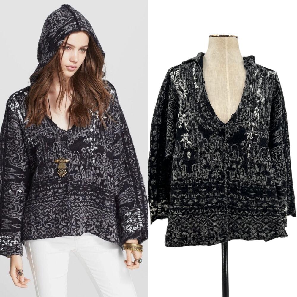 Free People Raggy Hoodie Sweater Wool Blend Knit Black Gray Size XS